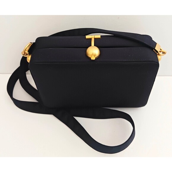 VTG Jay Herbert Blk Box Bag Brushed Gold Top Clasp Crossbody Strap Made Korea - Picture 2 of 14